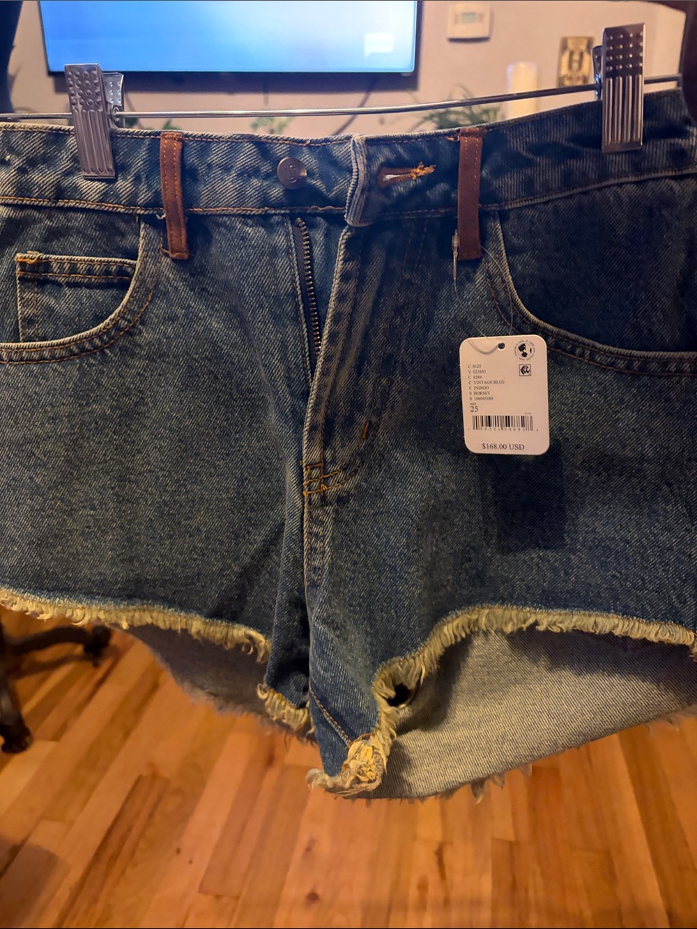 NWT Understated Leather Horsie Frayed Hem High-Rise Denim Jean Shorts - Blue